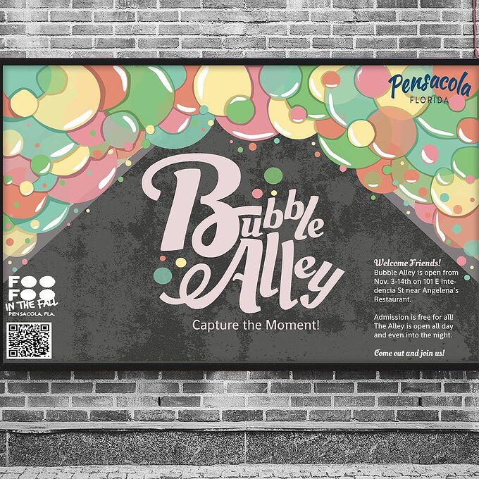 Bubble Alley event poster on a brick wall