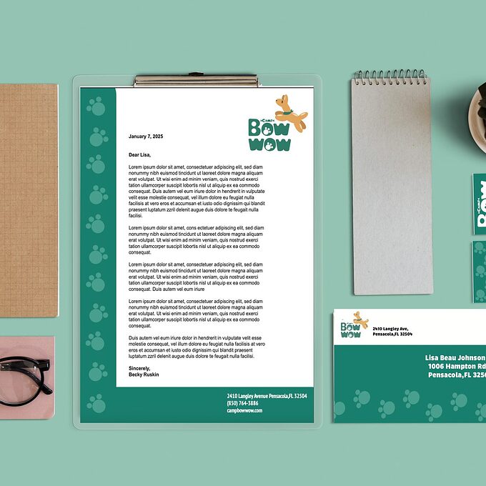 Camp Bow Wow rebrand concept stationery