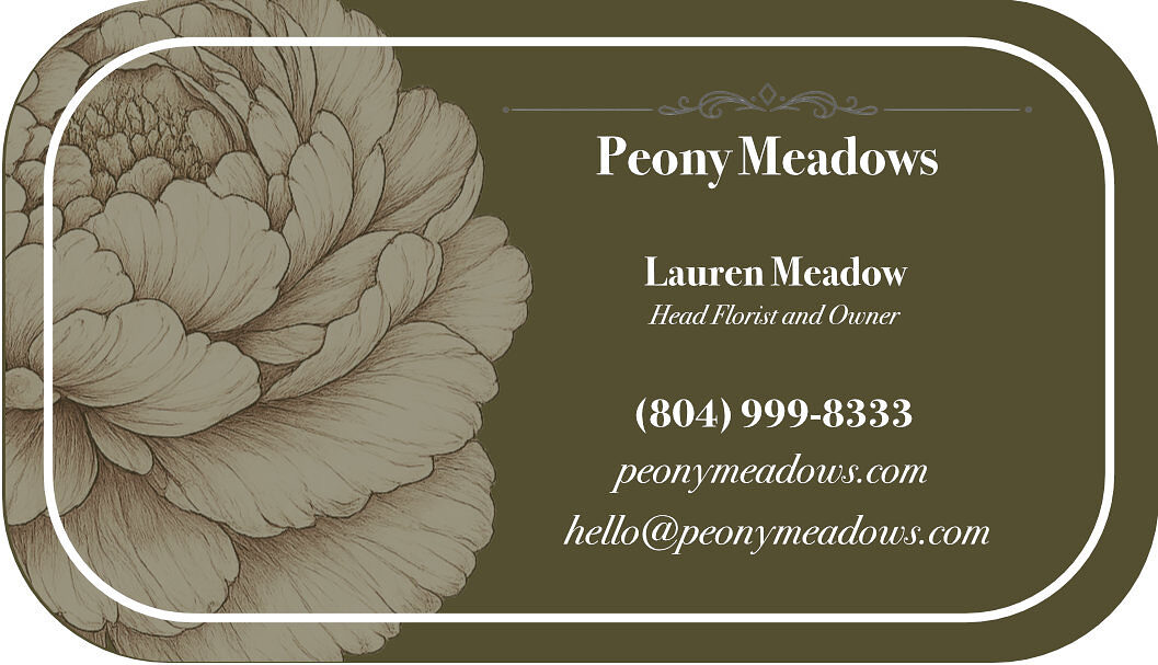 Business card back: olive ground with owner name, title and contact details in serif type