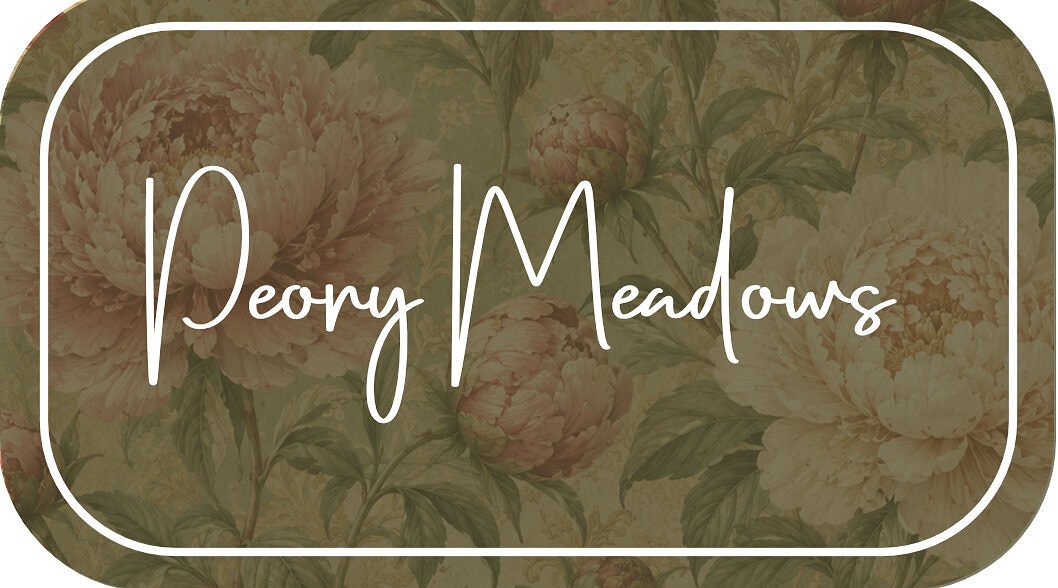 Business card front: Peony Meadows script logo over olive peony wallpaper