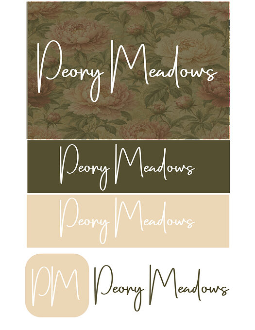 Peony Meadows script logo on vintage peony wallpaper