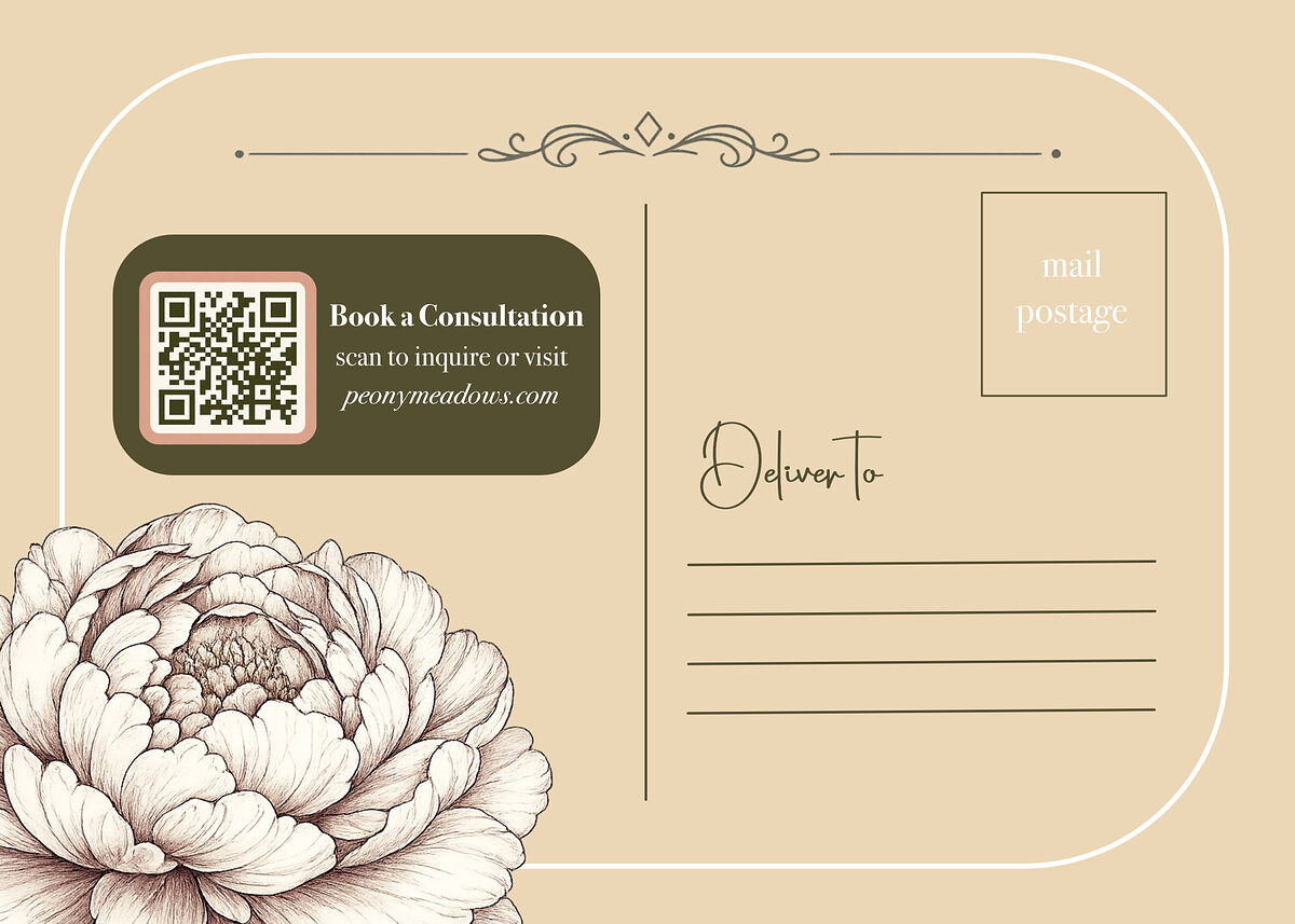 Postcard back: address block, postage indicator and a QR code to book a consultation
