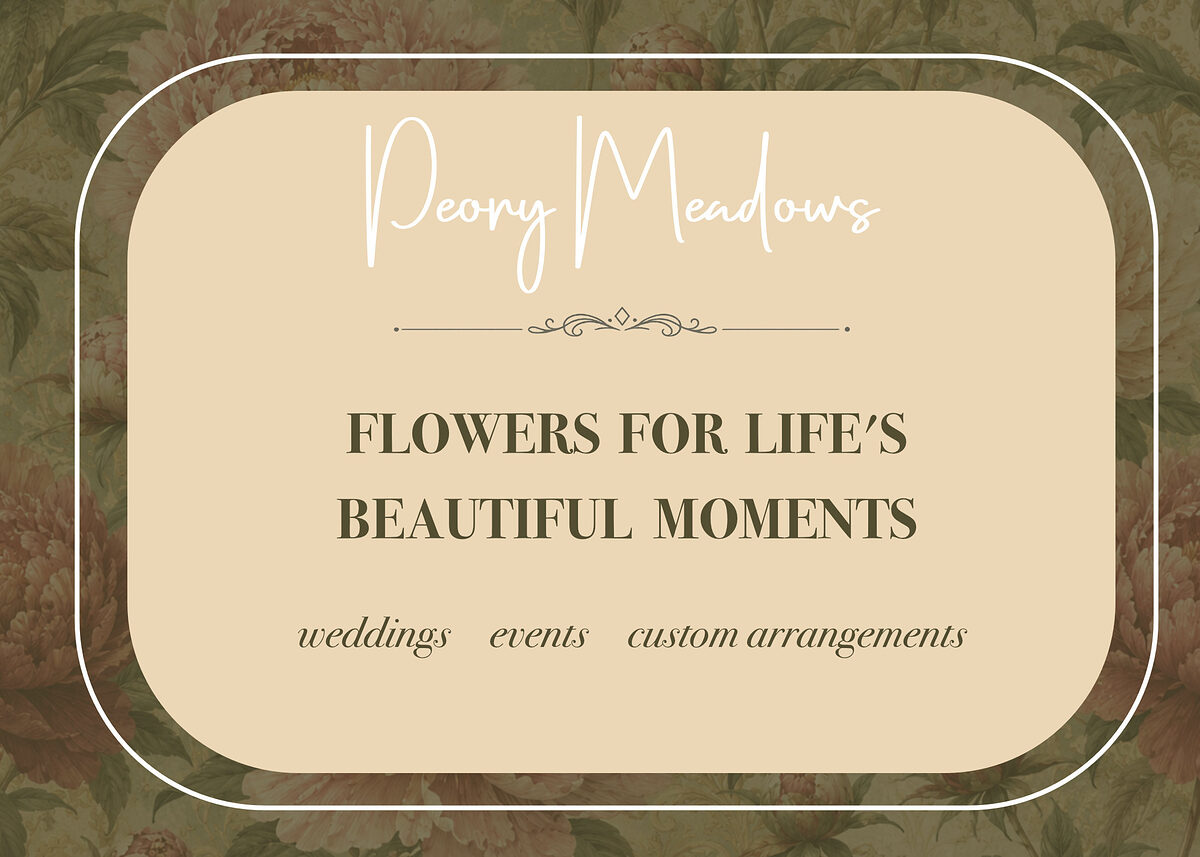 Postcard front: tagline Flowers for life's beautiful moments on a cream inset over peony wallpaper