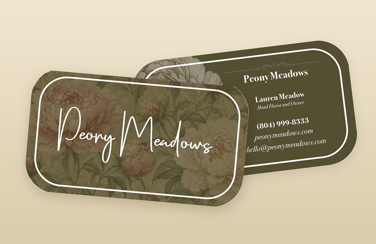 Peony Meadows business cards, front and back, shown together as a printed set