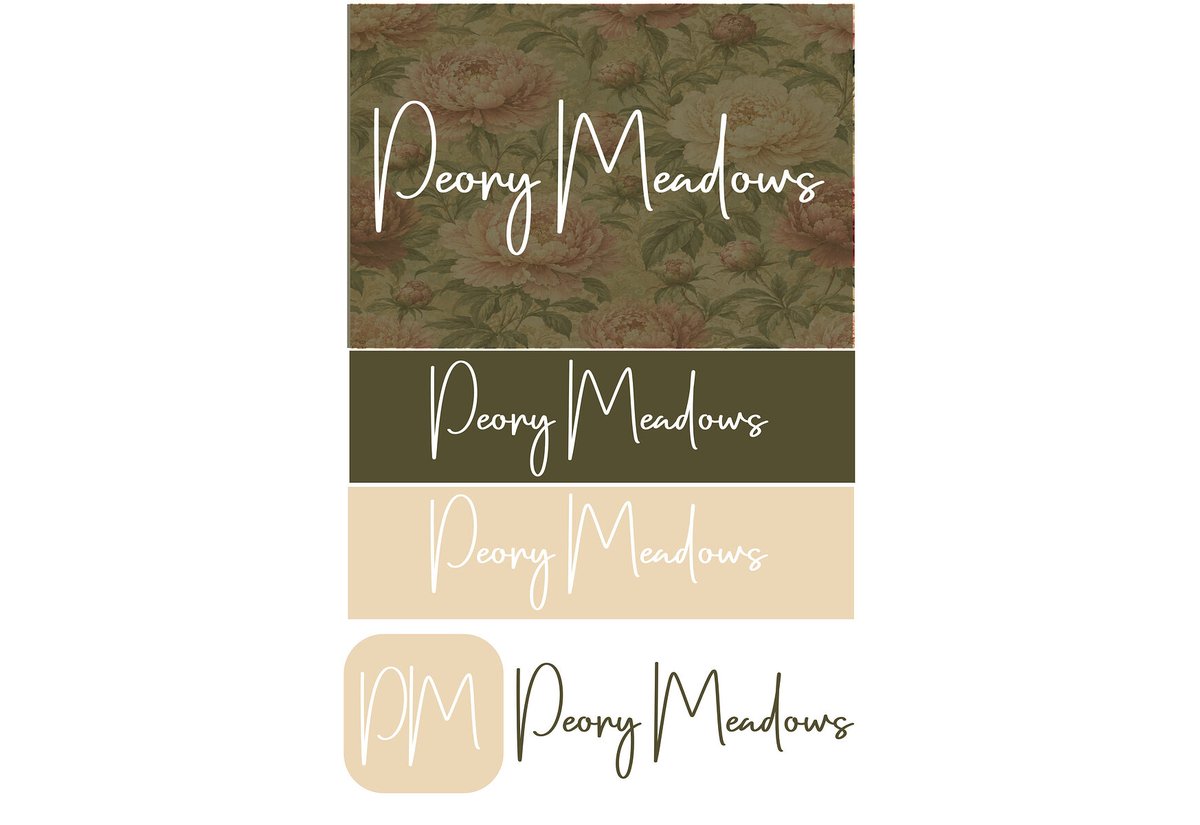 Peony Meadows logo set: the script wordmark on pattern, on olive, on cream, and as a PM monogram