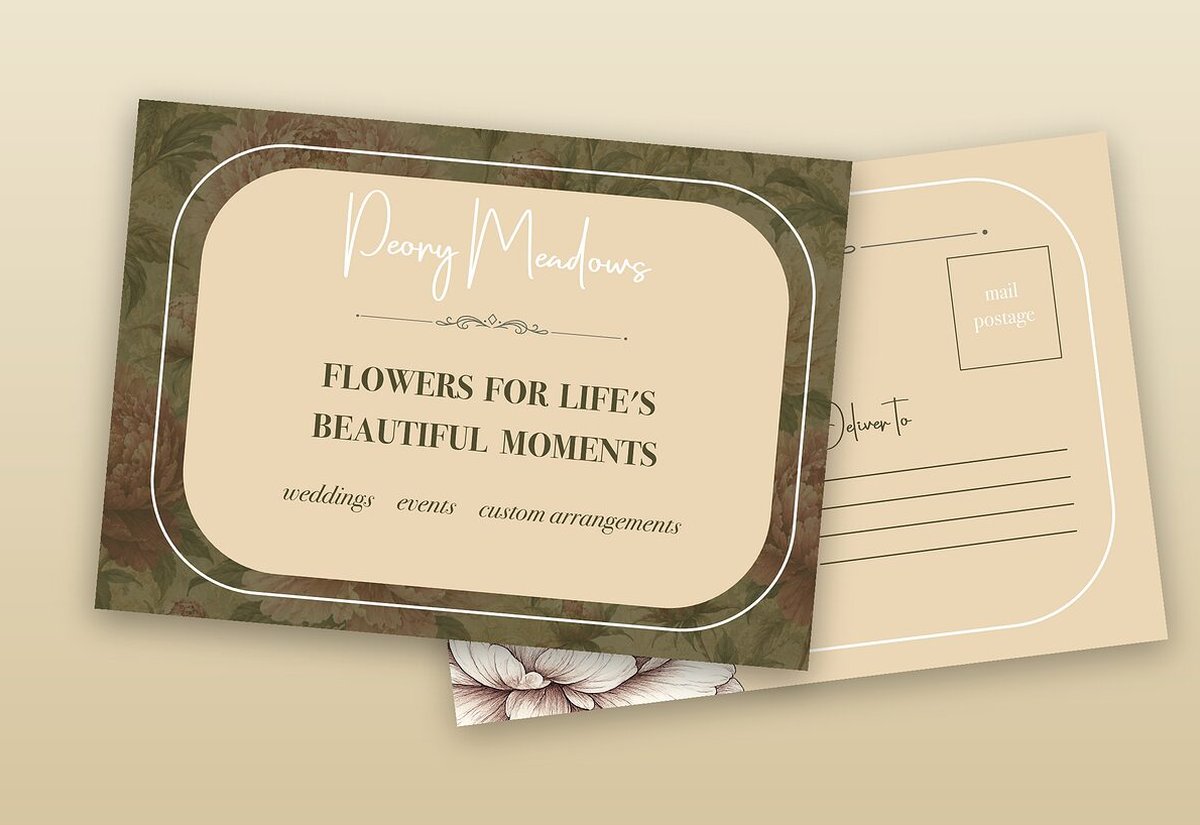 Peony Meadows promotional mailer, a postcard with the script wordmark and floral pattern