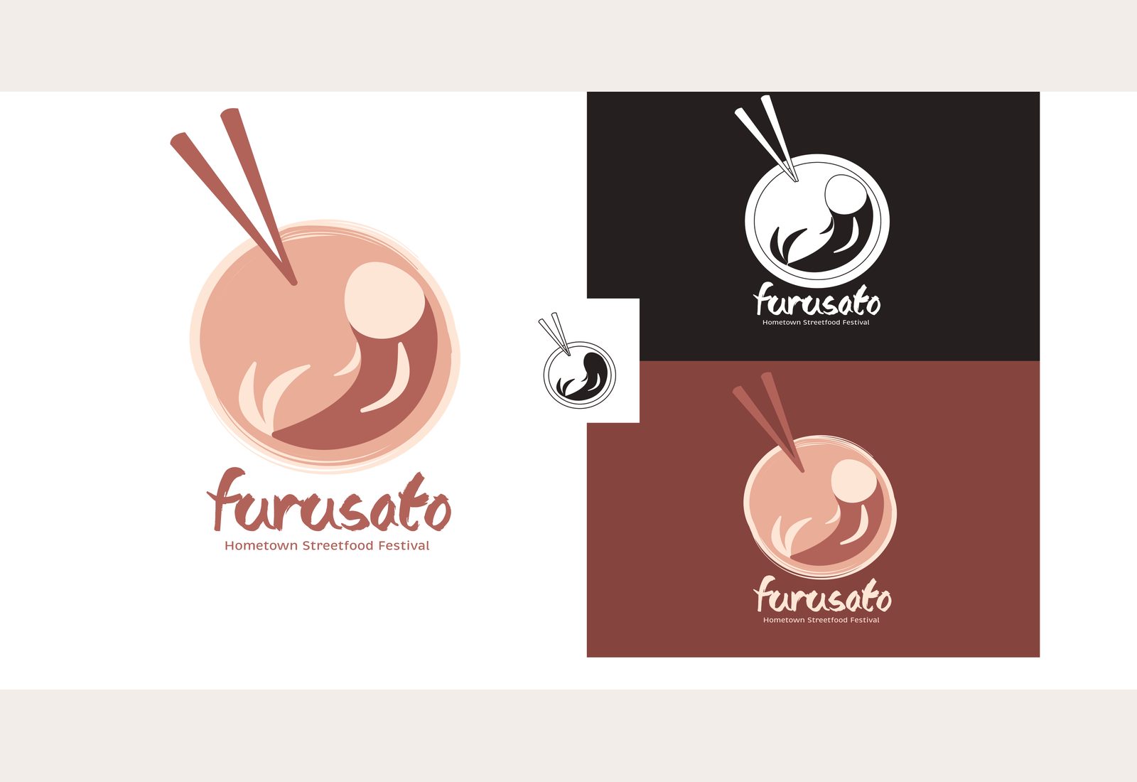 Furusato Streetfood Festival logo arrangement — colored bowl mark, dark version, and small icon-only mark