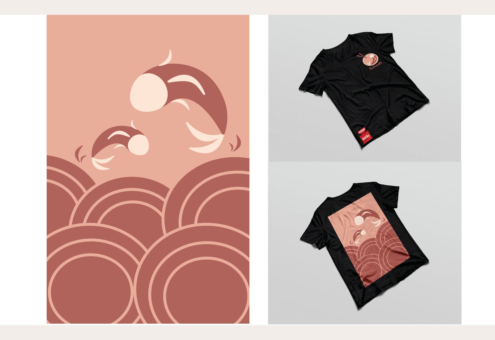 Furusato t-shirt mockups — small logo on chest and full back-print pattern of bowls and waves