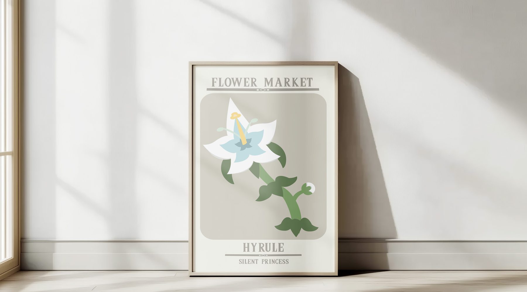 Silent Princess Hylian flower-market poster in a wood frame, leaning against a sunlit wall