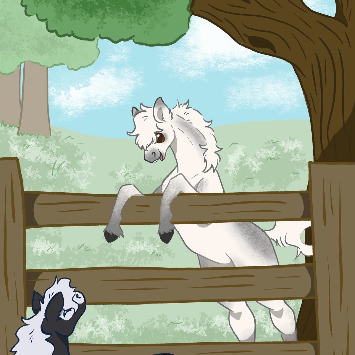 Two young foals at a wooden pasture fence — chibi-style horse illustration
