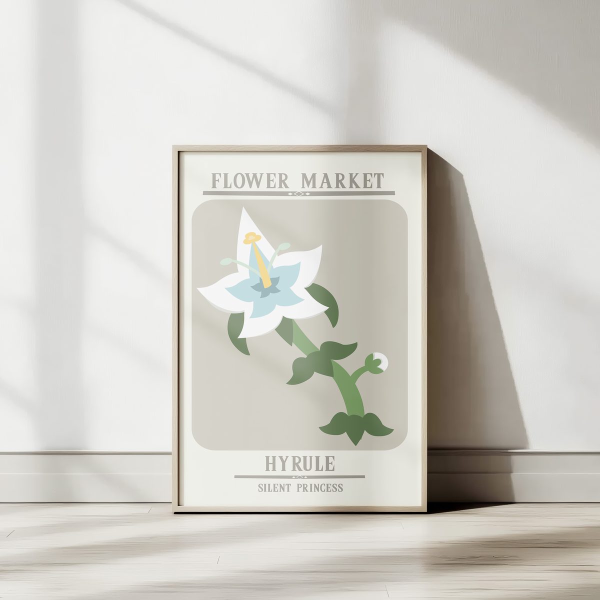 Silent Princess poster framed against a sunlit wall — minimalist flower-market layout in soft greys and pale blue