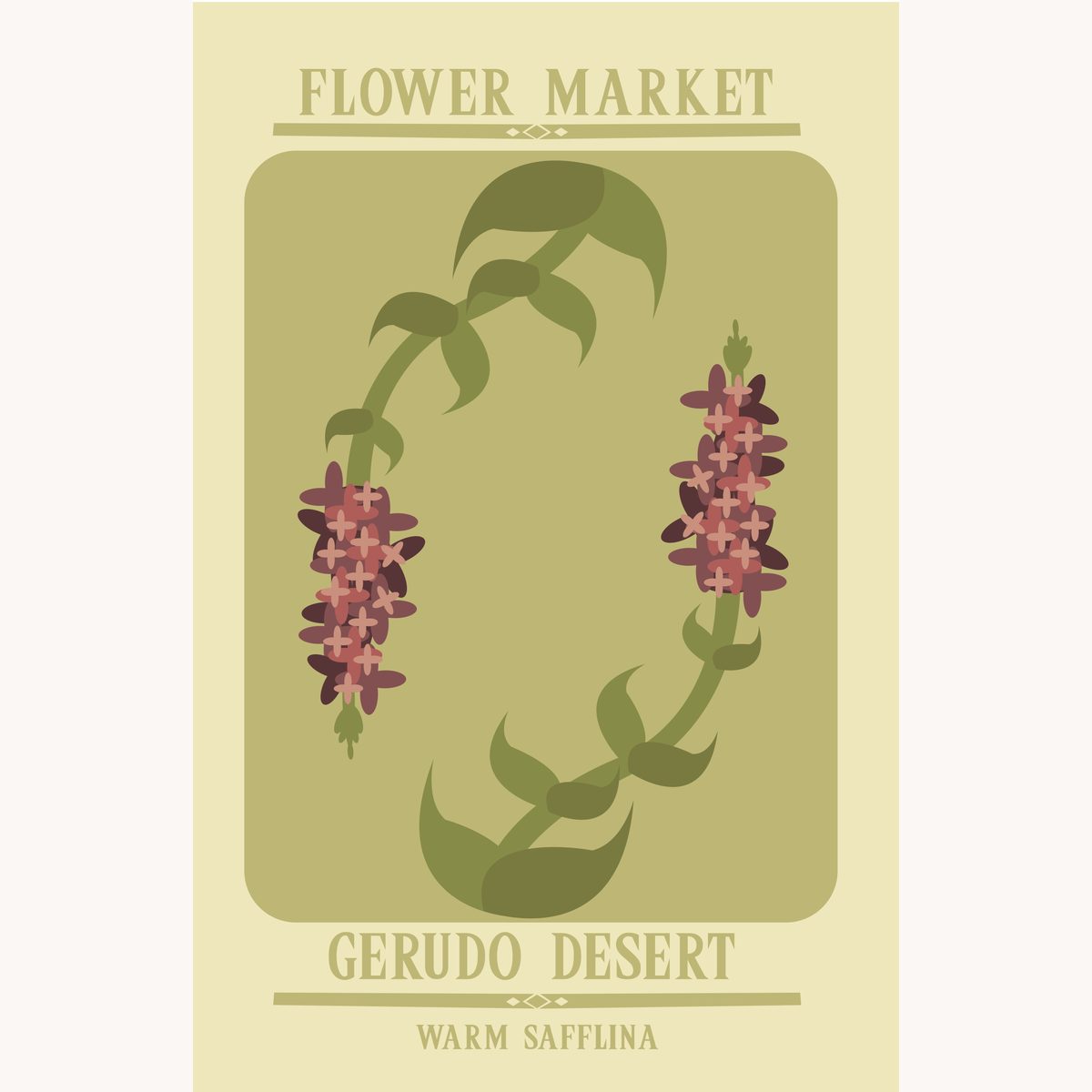 Warm Safflina poster — desert flower in dusty rose and sage on a pale yellow background