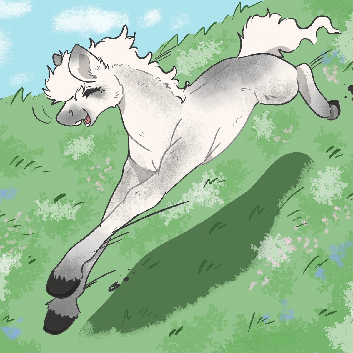 Leaping foal illustration — soft grey horse mid-jump across spring grass