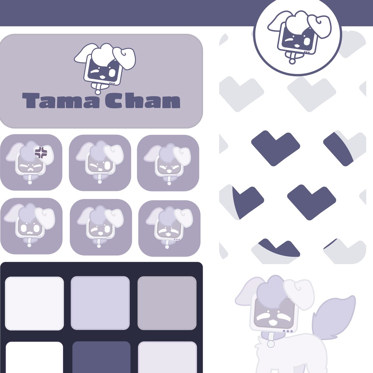 Tama-Chan virtual pet character system — logo, expression sheet, palette, and pattern