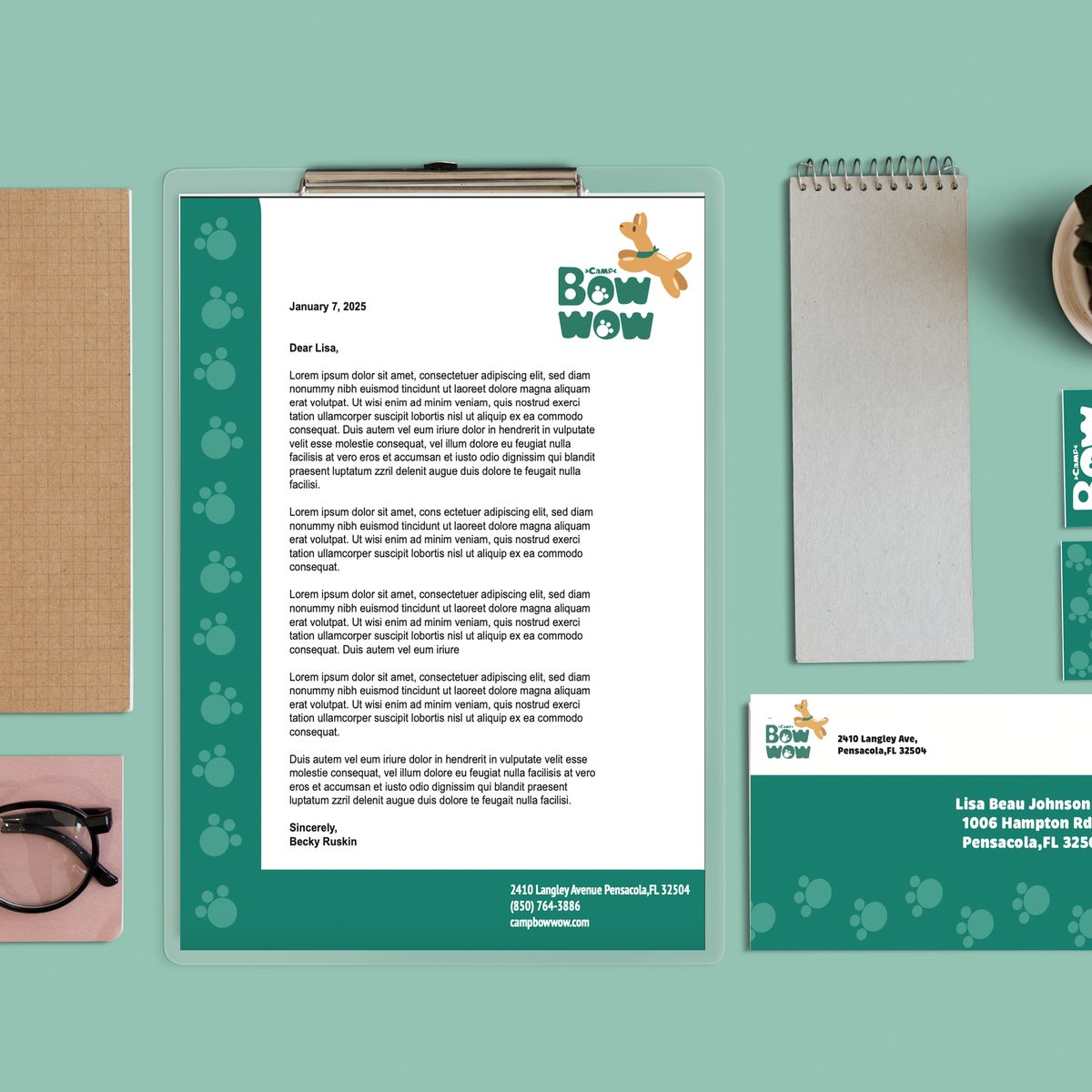 Camp Bow Wow rebrand stationery flat lay