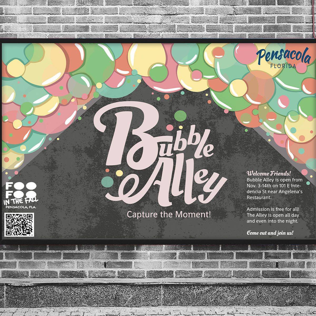 Bubble Alley Pensacola event poster on brick wall
