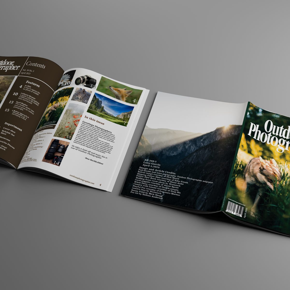 Outdoor Photographer magazine — editorial cover and interior spread mockup